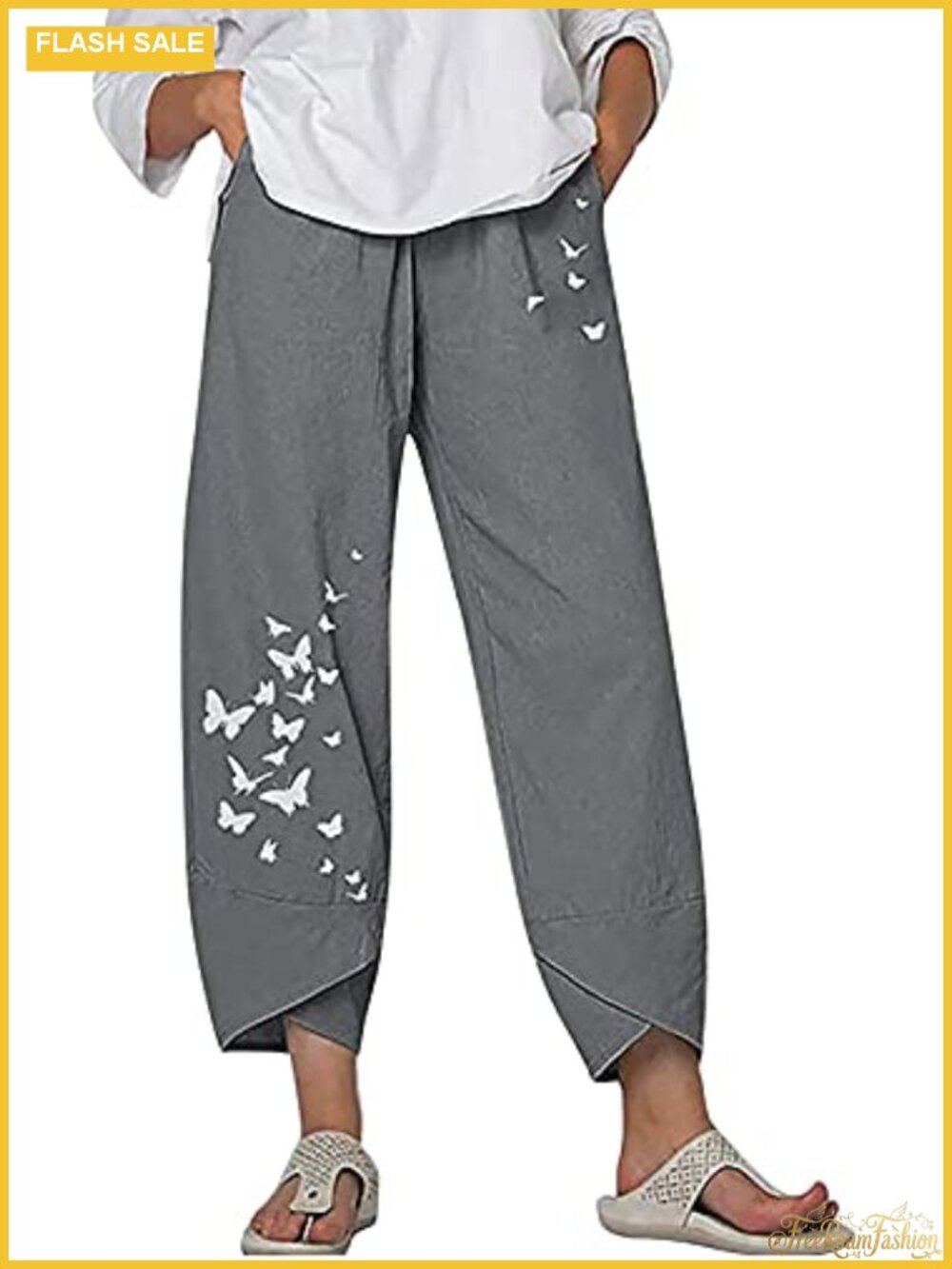 Women's Cotton Linen Capri Pants with Pockets Elastic Waist Summer Casual